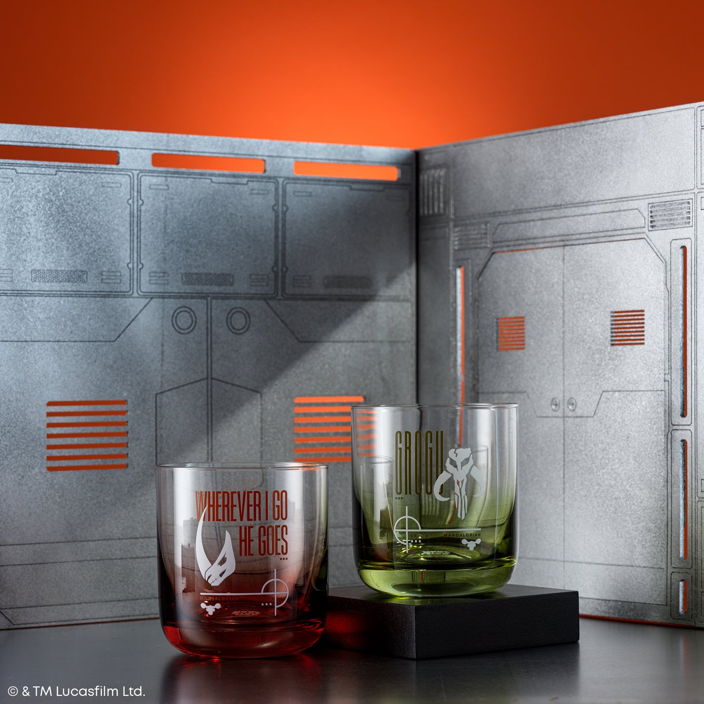 Star Wars™ Bounty Mandalorian Short Drinking Glasses - Grogu + Wherever I Go He Goes