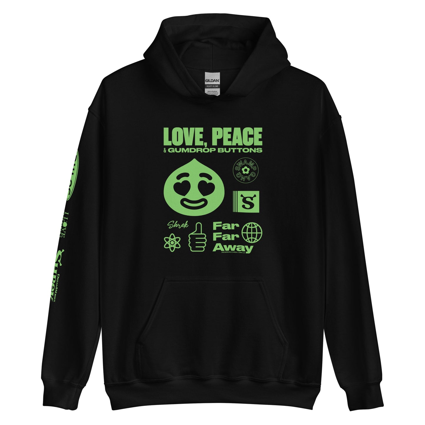 Shrek Love, Peace & Gumdrop Buttons Hoodie